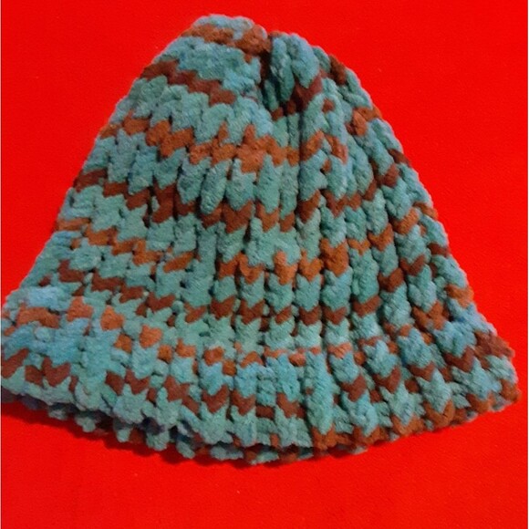 Homemade turquoise and Brown Knit Cap - Picture 1 of 1